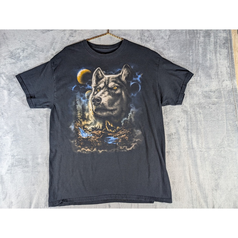 DOM Men's Size Large Black Wolf Graphic T-Shirt Nature Planets Moon Waterfall